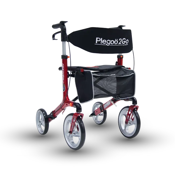  Andadera Rollator Plegoo 2Go X8 de Aluminio Plegable con Ruedas Delanteras de 10" y Traseras de 8”, Rojo Cereza